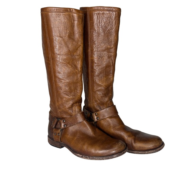 Frye Phillip Harness Tall Riding Boots Women's 9.5B Cognac Brown Leather Moto - Picture 1 of 14